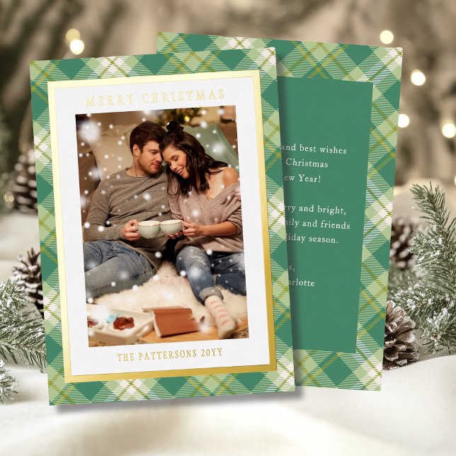 Merry Christmas Green Plaid Tartan Photo Foil Holiday Card (Creator Uploaded)