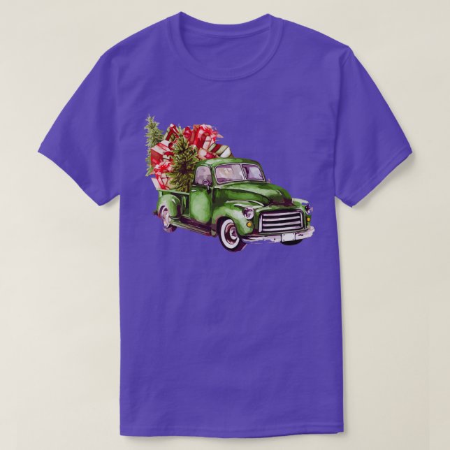 Merry Christmas Green Plaid Truck T-Shirt (Design Front)
