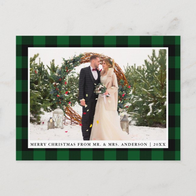 Merry Christmas Green Plaid Wedding Photo Postcard (Front)