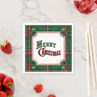 Merry Christmas Green Plaid with Holly Napkin