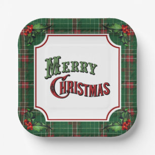 Merry Christmas Green Plaid with Holly Paper Plate