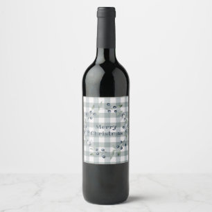 Merry Christmas Green Plaid Wreath Buffalo Check Wine Label
