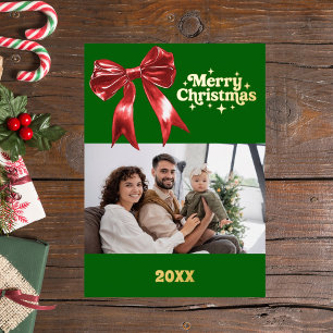 Merry Christmas green red bow retro photo gold Foil Holiday Card