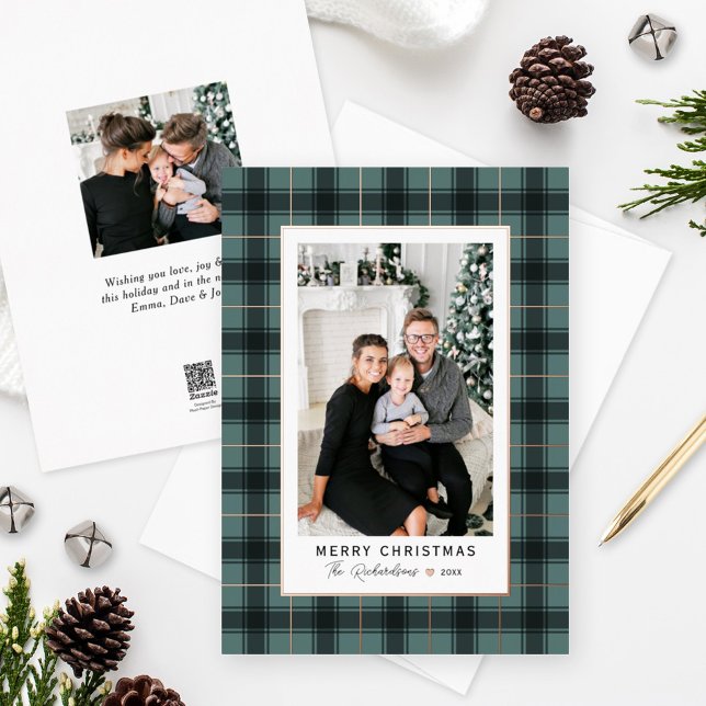 Merry Christmas Green Rose Gold Tartan Plaid Photo Foil Holiday Card (Creator Uploaded)