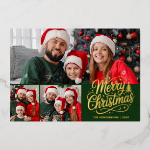 Merry Christmas Green Script 3 Family Photo Foil Holiday Card