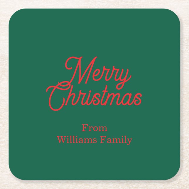 Merry Christmas Green Script Holiday Square Paper Coaster (Front)
