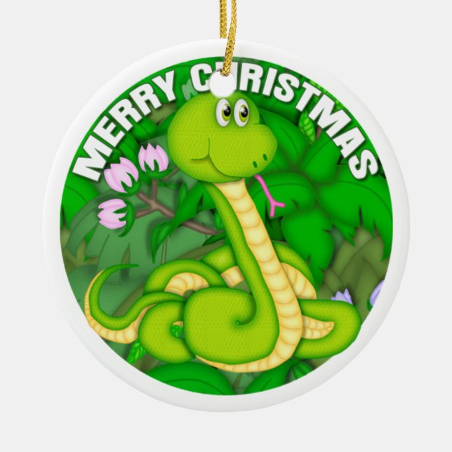 Merry Christmas Green Snake Ceramic Tree Decoration (Front)