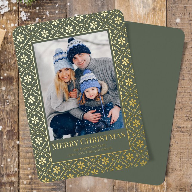 Merry Christmas Green Snowflake Gold 1 Photo  Foil Holiday Card (Merry Christmas holiday photo card template with real gold foil. )