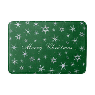 Merry Christmas Green Snowflakes Bath Mat