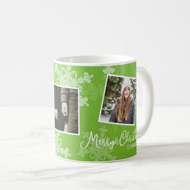 Merry Christmas Green Snowflakes Photo Collage  Coffee Mug (Front Right)