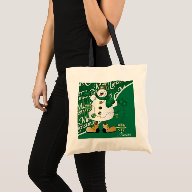 Merry Christmas Green Snowman Tote Bag (Front (Product))