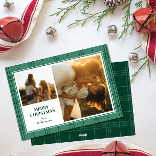 Merry Christmas Green Stripe Plaid Two Photo Frame Holiday Card