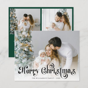 Merry Christmas Green Stylish Lettering Photo  Holiday Card