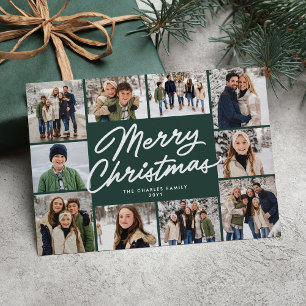 Merry Christmas green ten photo collage Holiday Card