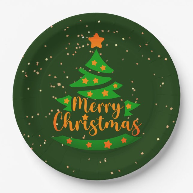 Merry Christmas Green Tree Gold Orange Stars 9" Paper Plate (Front)