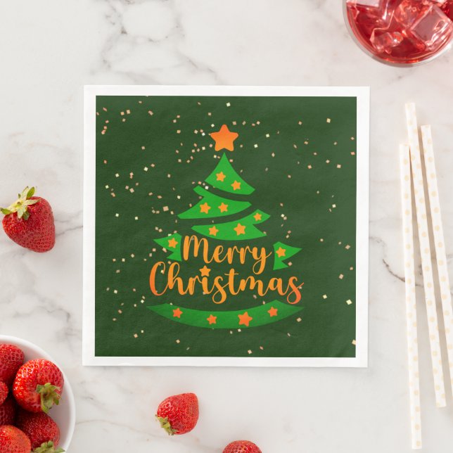 Merry Christmas Green Tree Gold Orange Stars Napkin (Insitu)