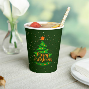 Merry Christmas Green Tree Gold Orange Stars Paper Cups