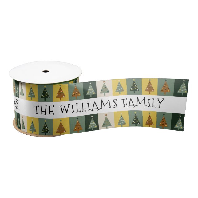Merry Christmas Green Trees Personalised Name Satin Ribbon (Spool)