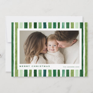 Merry Christmas Green watercolor stripes Holiday Card
