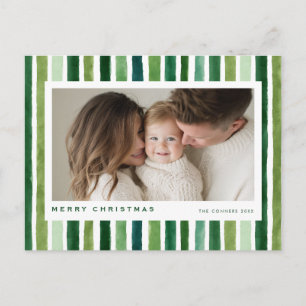 Merry Christmas Green watercolor stripes Holiday Postcard