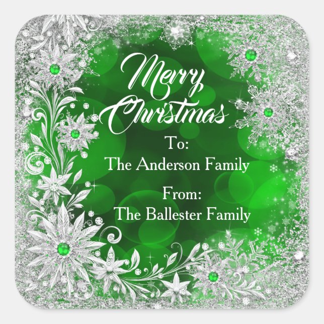 Merry Christmas Green White snowflakes green gems  Square Sticker (Front)