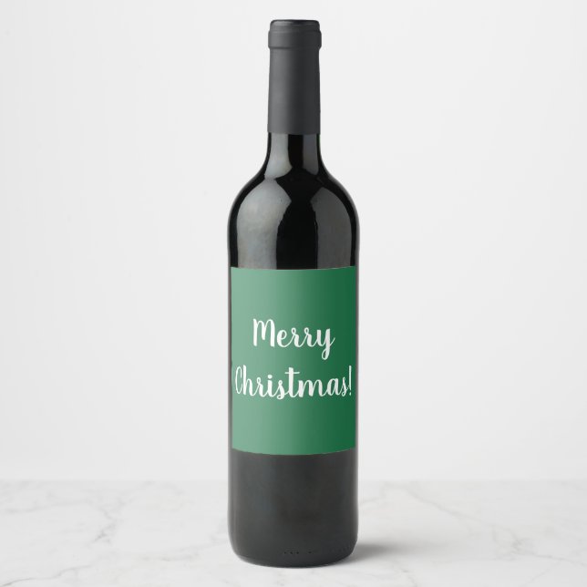 Merry Christmas Green & White Typography Wine Label (Front)