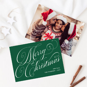 Merry Christmas Green with Calligraphy and Photo Holiday Card