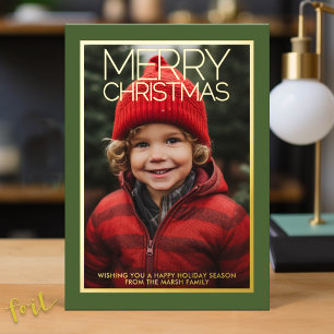 Merry Christmas green with Photo and gold Foil Holiday Card