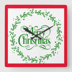 MERRY CHRISTMAS GREEN WREATH LARGE CLOCK