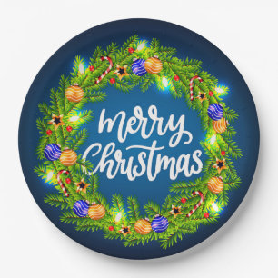 Merry Christmas Green Wreath on Blue 9" Paper Plate
