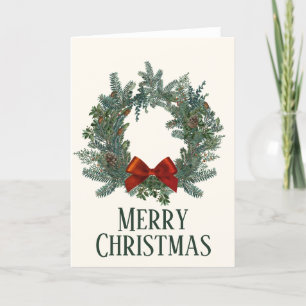 Merry Christmas Green Wreath Red Bow Holiday Card