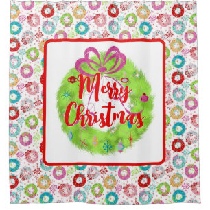 Merry Christmas Green Wreath Retro Christmas Shower Curtain