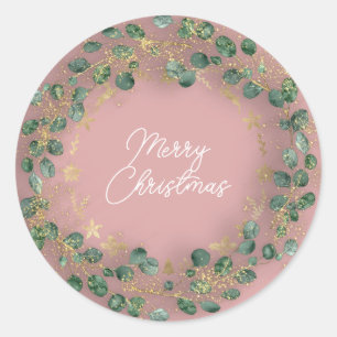 Merry Christmas Green Wreath Rose Woodland Wood Classic Round Sticker
