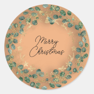 Merry Christmas Green Wreath Woodland Wood Orange Classic Round Sticker