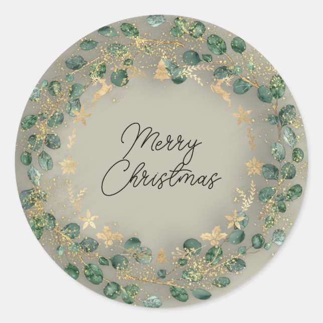 Merry Christmas Green Wreath Woodland Wood Smoky Classic Round Sticker (Front)