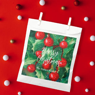 Merry Christmas Greenery and Red Berries Favour Bag