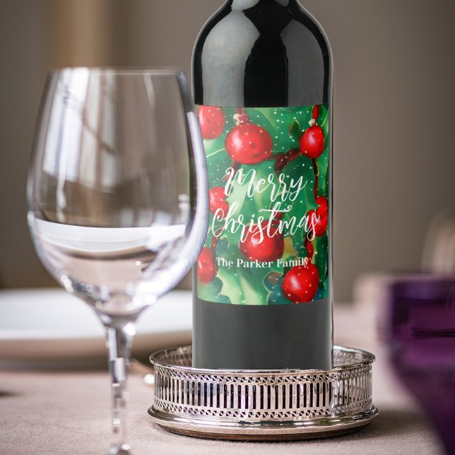 Merry Christmas Greenery And Red Berries Wine Label (Creator Uploaded)