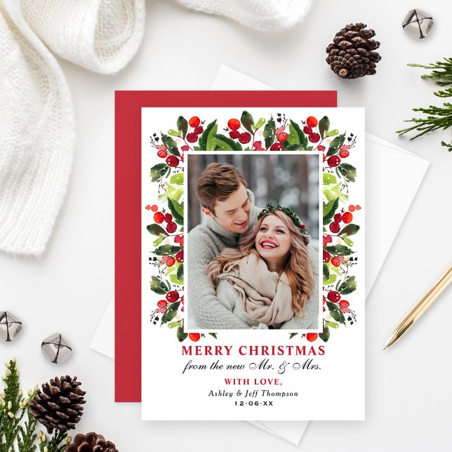 Merry Christmas Greenery Berries Wedding Photo Holiday Card (Creator Uploaded)
