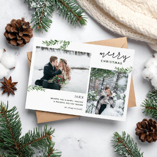 Merry Christmas Greenery Branches 2 Photo Holiday Card