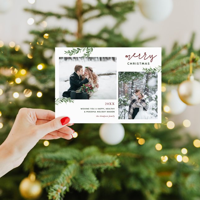 Merry Christmas | Greenery Branches 2 Photo Holiday Card (Creator Uploaded)