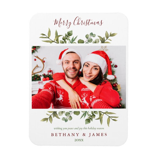 Merry Christmas Greenery Couples Photo Holiday Magnet (Vertical)