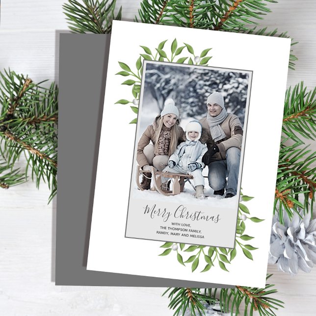Merry Christmas Greenery Elegant Winter Foliage Holiday Card (Merry Christmas holiday greenery photo card with a grey border. )