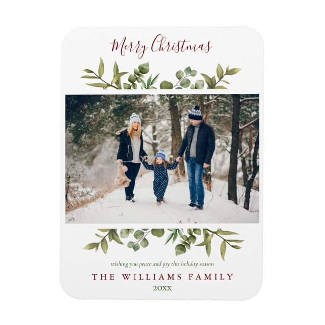 Merry Christmas Greenery Family Photo Holiday Magnet (Vertical)