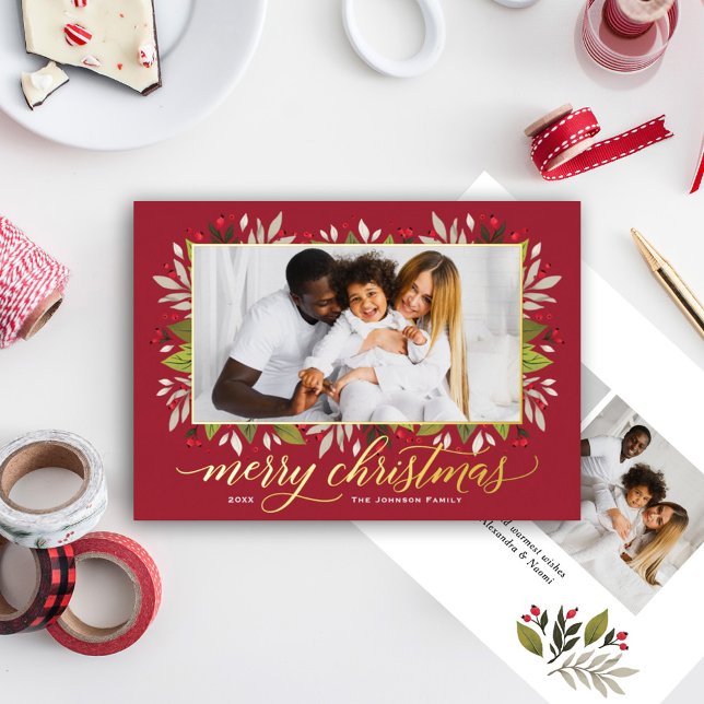 Merry Christmas Greenery Frame Script Photo Gold Foil Holiday Card (Creator Uploaded)