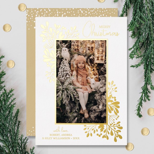 Merry Christmas Greenery Gold Foil Holiday Card (Your photo on holiday photo greeting cards all done in real gold foil)