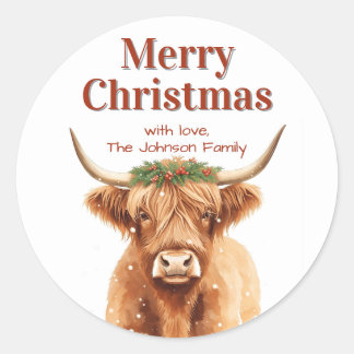 Merry Christmas Greenery Highland Miniature Cow Classic Round Sticker