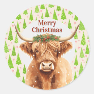 Merry Christmas Greenery Highland Miniature Cow Classic Round Sticker