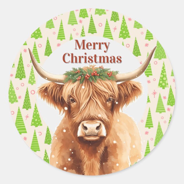 Merry Christmas Greenery Highland Miniature Cow Classic Round Sticker (Front)