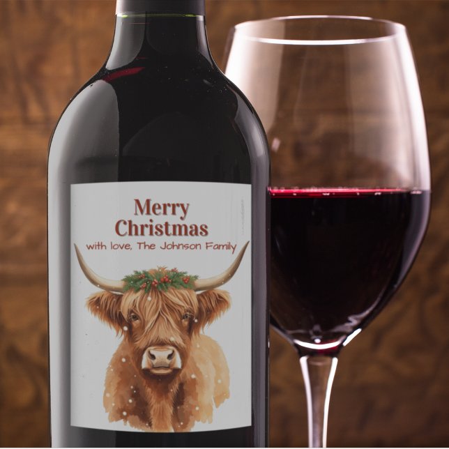 Merry Christmas Greenery Highland Miniature Cow Wine Label (Christmas wine labels with an adorable highland miniature cow. Personalize your wine gifting.)