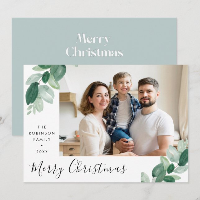 merry christmas greenery lettering photo holiday c card (Front/Back)